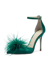 Green Fluffy Stiletto Heeled Pumps With Pointed Toe Ankle Strap For Women